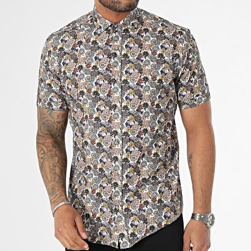 Chemise Manches Courtes Blanc Vert Kaki Floral