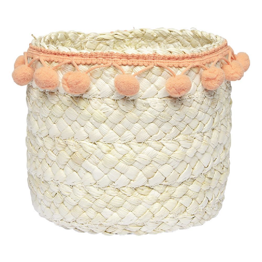 Panière ronde en jonc naturel avec pompons orange Ø16 cm