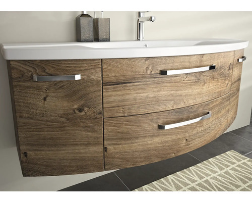 3-delige badkamermeubelset Pelipal xpressline 4010 BxHxD 144 x 200 x 49,5 cm, frontkleur eiken ribbeck, met keramische wastafel in wit en keramische wastafel, wastafelmeubel, spiegelkast met LED-verlichting, greep chroom hoogglans 4010.1400269 401014