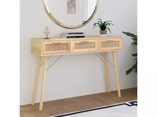 Table console Marron 105x30x75cm Bois massif pin /rotin naturel
