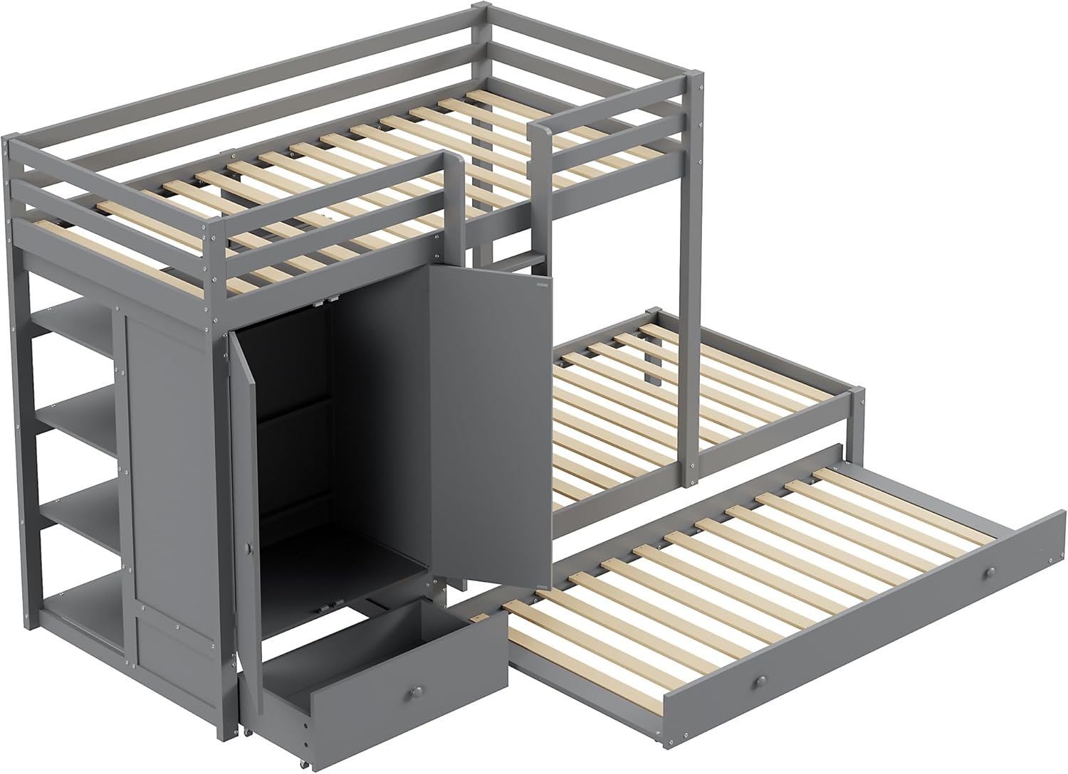 Etagenbett 90 x 200cm,Jungenbett aus Massivholz mit Ausziehbett 90x190cm, multifunktionales Kinderbett mit Kleiderschrank, Schubladen und Ablagefach (Grau)