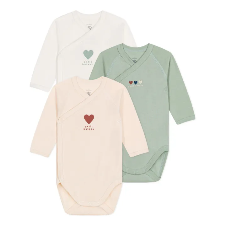 Petit Bateau Lot 3 Bodies Manches Longues Cœurs | Sauge