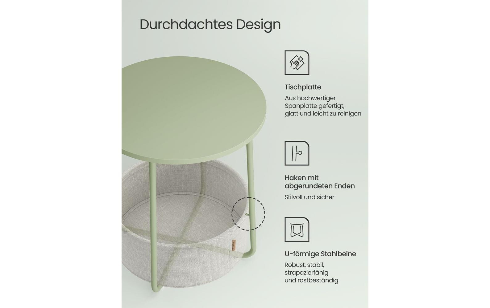 Couchtisch 45 x 51 cm, GrünWohnzimmertisch mit Ablage & Korb