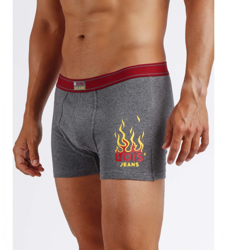 Conjunto de 2 cuecas boxer Lois Rocks, cinza e vermelha.