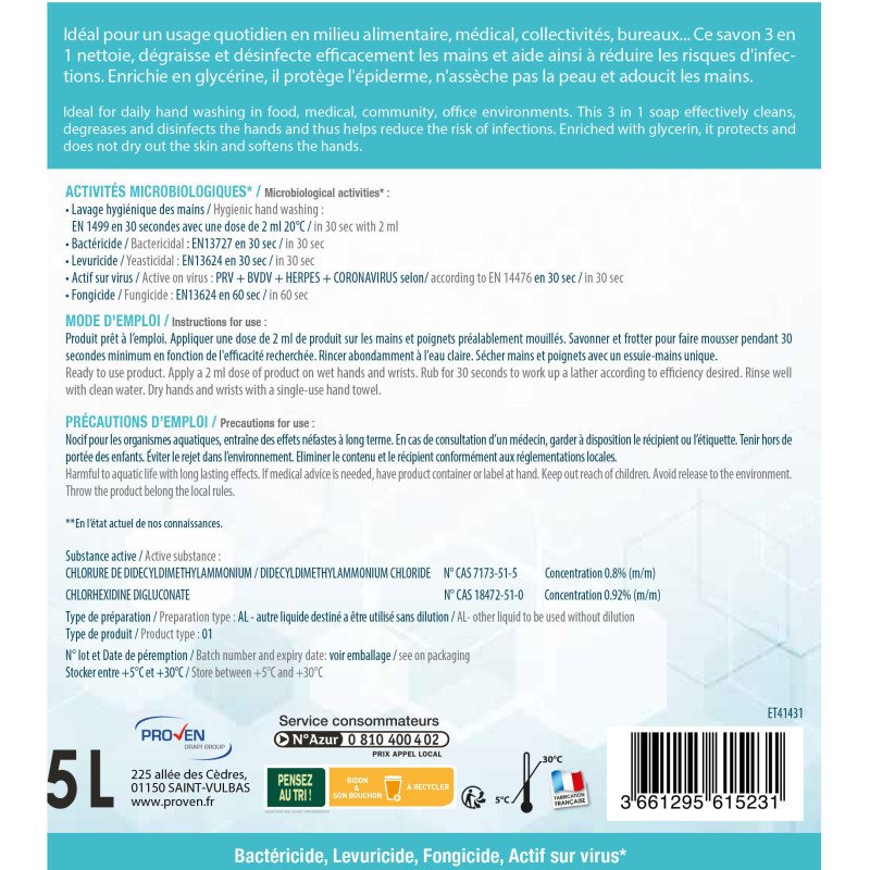 Savon liquide doux désinfectant Wyritol Professional Desinfection - Bidon de 5 L