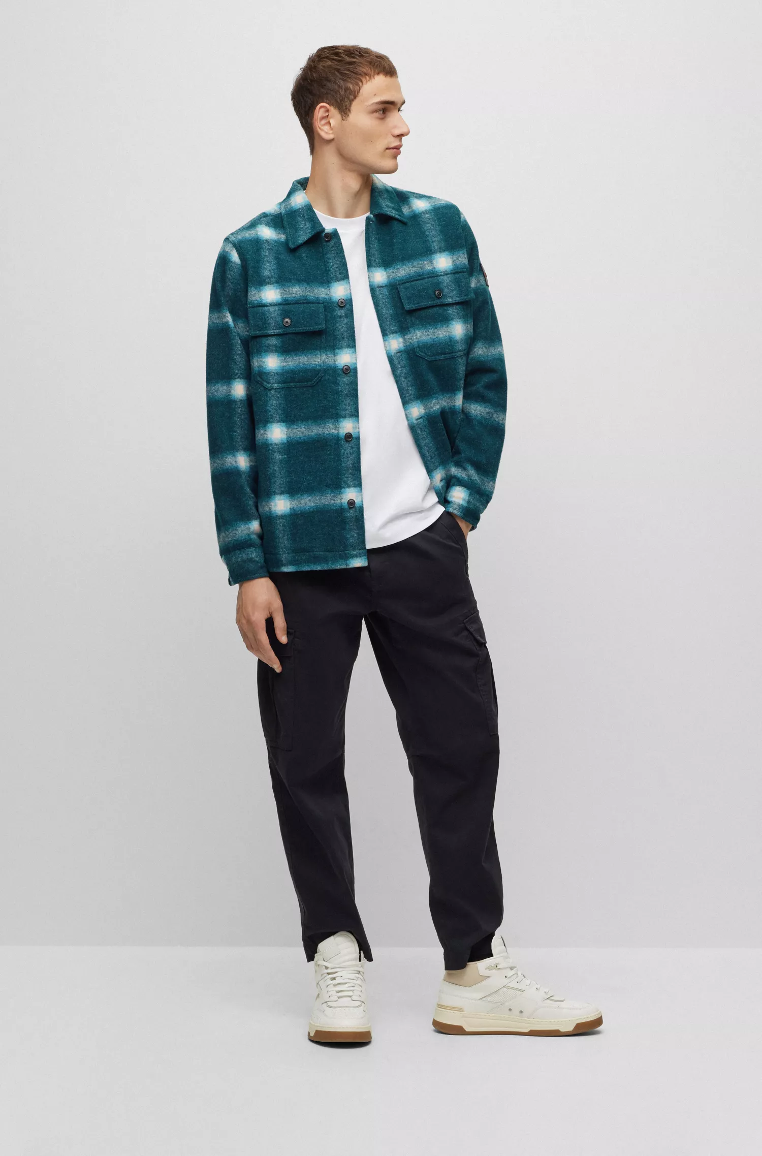 Sobretudo BOSS laranja de modelagem oversized em tecido bouclé xadrez.