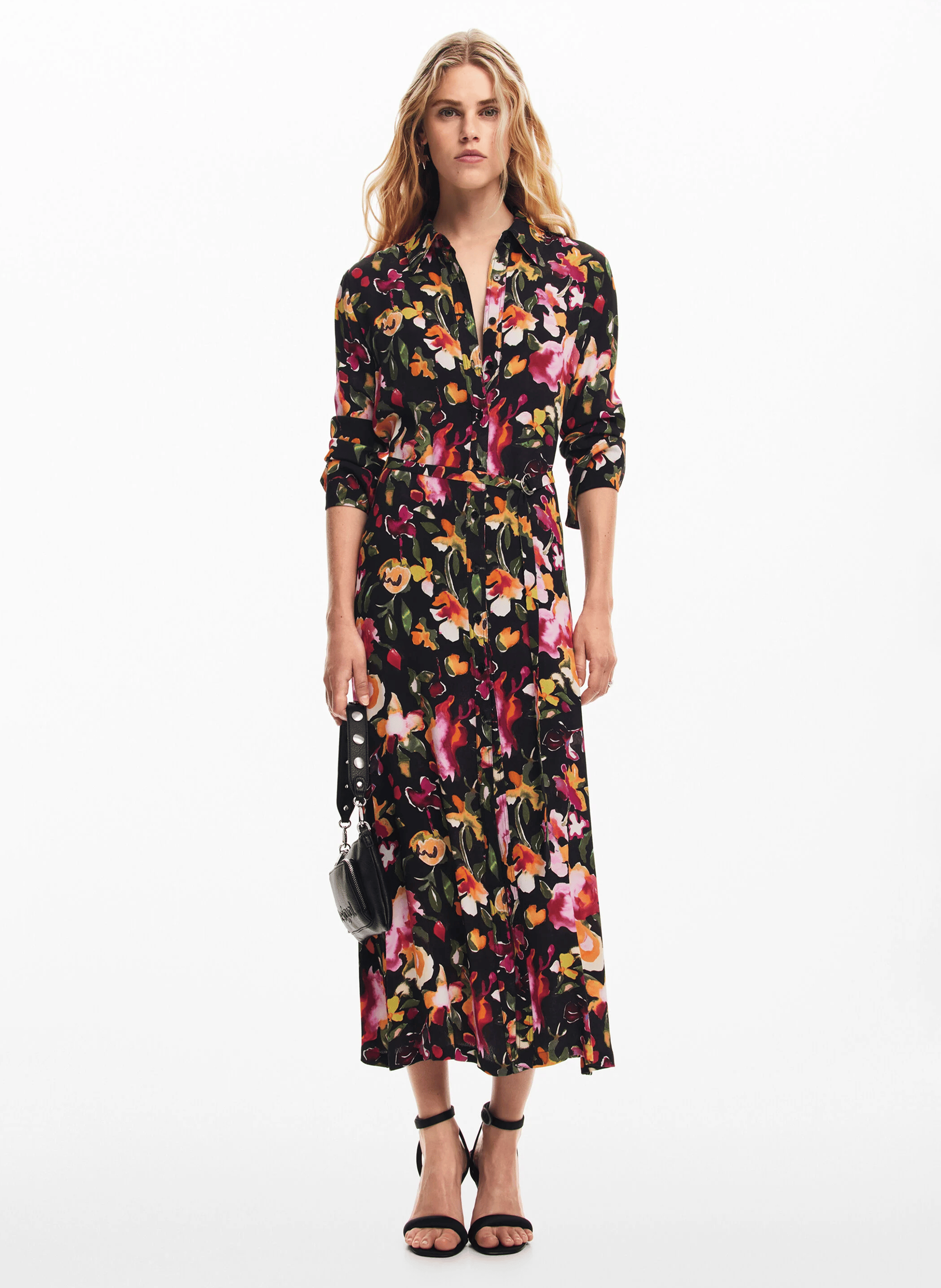 Robe chemise midi à fleurs | Rouge