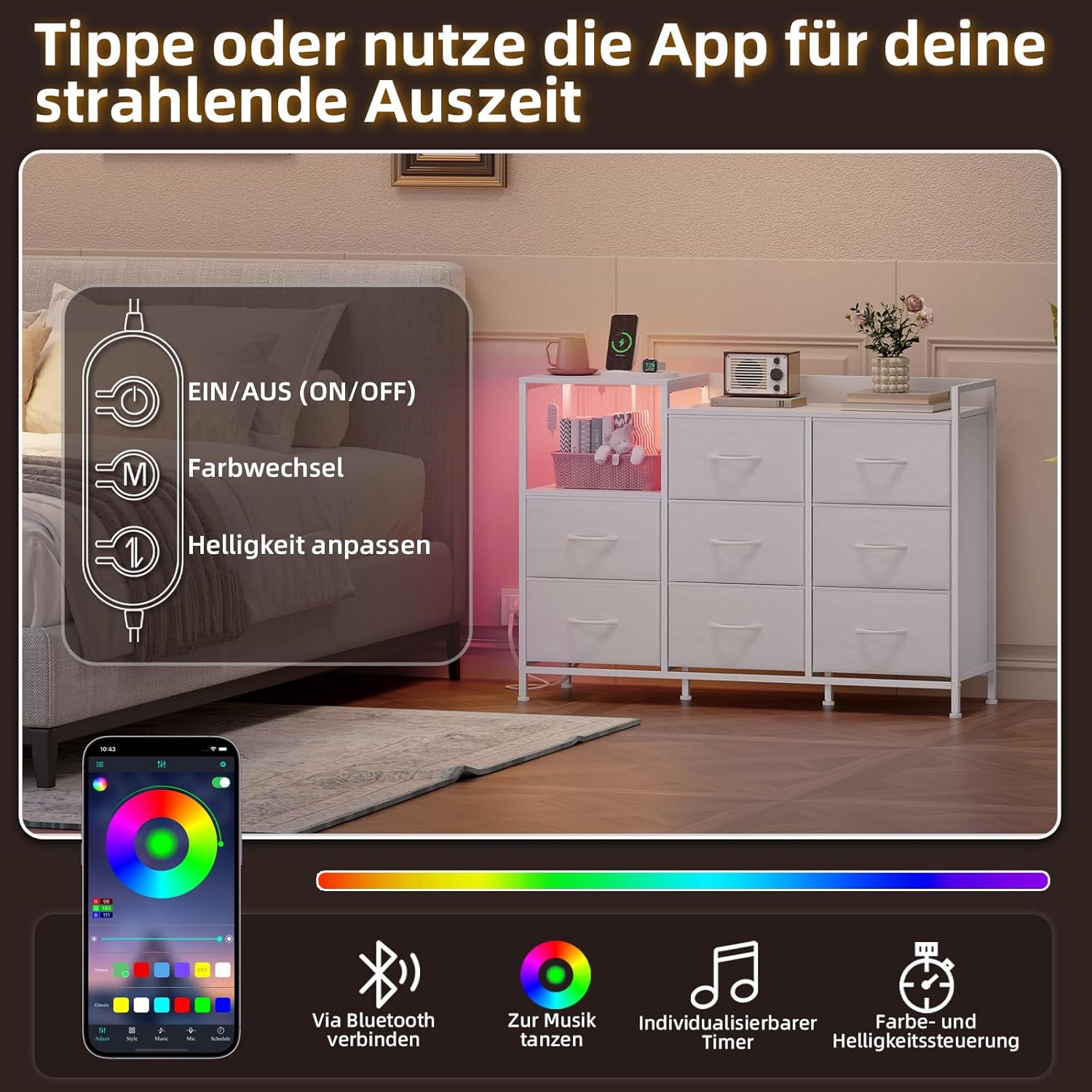 Somdot Kommode Schlafzimmer Wohnzimmer Flur mit Schubladen, Komodenschrank mit LED und Steckdosenleiste (2 AC-Steckdosen, 1USB, 1Type-C), 8 Stoffschubladen, Weiß, 29T x 99B x 70,5H cm