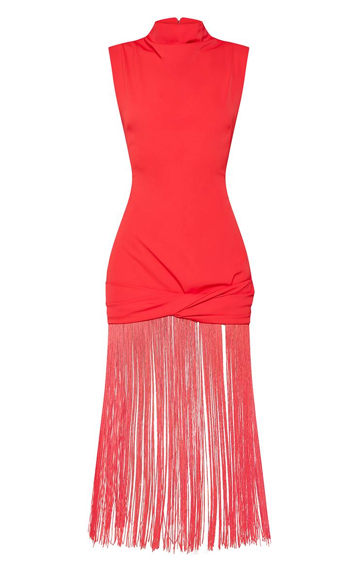 Rouge Robe Longue Sans Manches À Franges Tissées