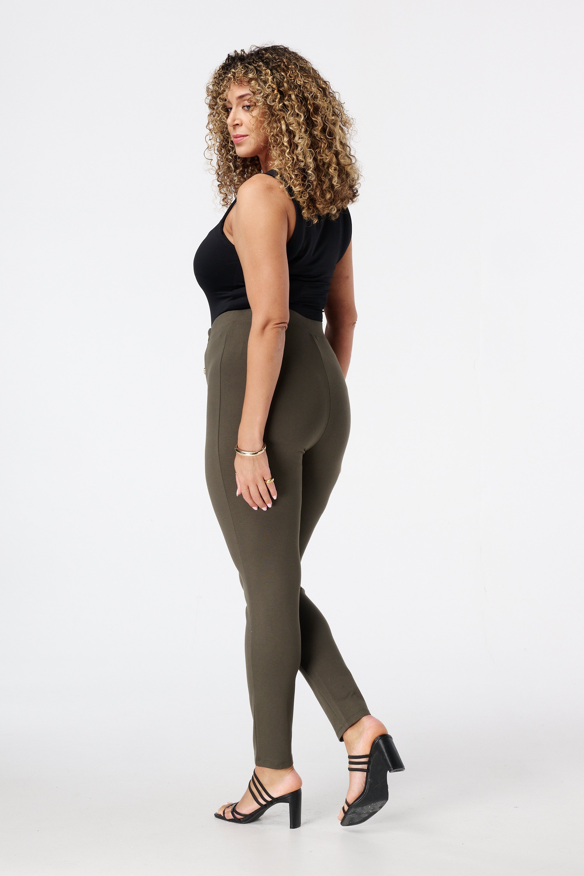 Tregging met sierknopen Donker khaki