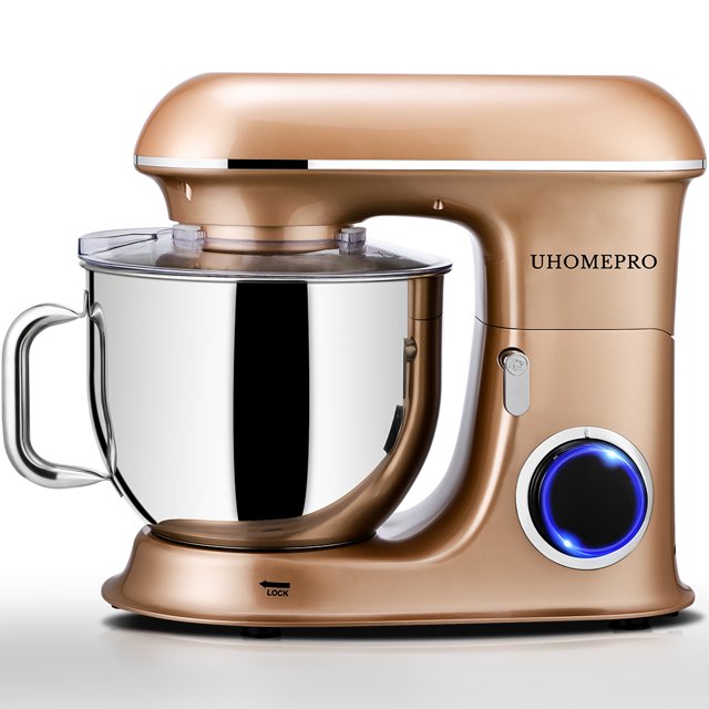 Batedeira de pedestal uhomepro de 7,5 QT para cozinha, 6 velocidades + 0 + P, cabeça inclinável, 660 W, batedeira elétrica para massa, uso doméstico e comercial, com gancho para massa, batedor, batedor de ovos, espátula, própria para lava-louças.