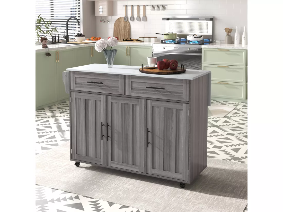 Desserte de cuisine, Chariot de table 129x76x91,5cm, plateau rabattable, étagères intérieures, îlot de cuisine, blanc + gris kaki