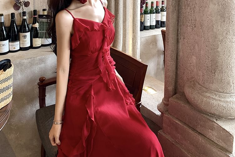 Morning Glory - Spaghettibandjes V-hals Effen Ruffle Trim Gerimpelde Maxi A-lijn Jurk