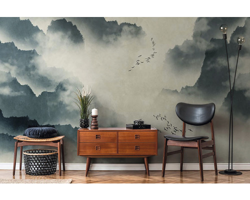 Vliesbehang 38246-1 The Wall Watercolor Mountains Fog Birds 7-delige set 371 x 280 cm