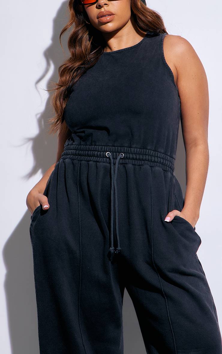 Noir Délavé Combinaison Pantalon Large En Molleton À Encolure Dégagée Grande Taille