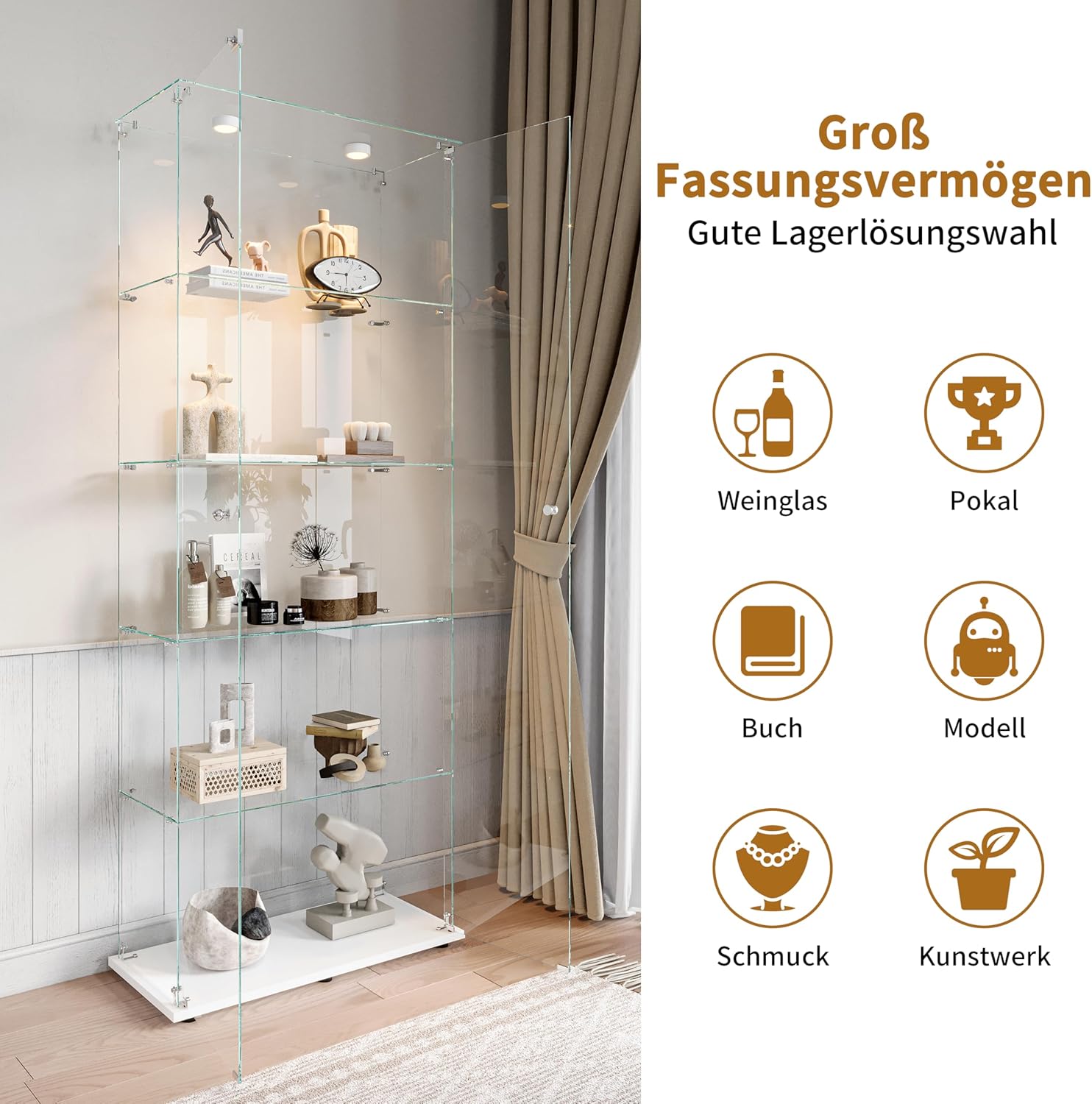 Glasvitrine Standvitrine,Glasvitrine Stehend mit Led,5 Lagen Glas Holz Glas Vitrine Vitrinenschrank 2 TüR und Schloss Vitrine Glasschrank Display Cabinet Sammlervitrine (Weiß, 5 Etagen 2 Tür+LED-1)