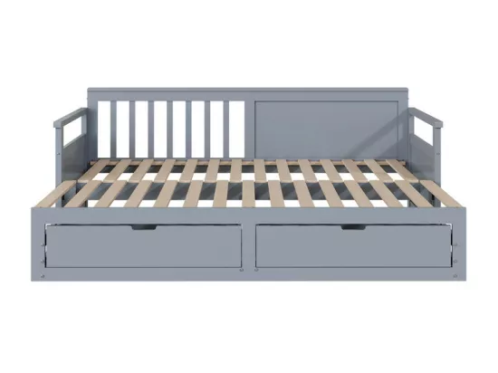 Lit gigogne 90/180x190cm en bois massif - 2 tiroirs à roulettes - Gris