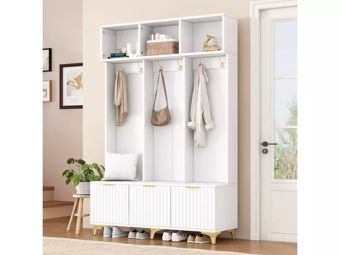 Vestiaire avec 3 portes et 3 niches - 126 x 40 x 191.5 cm - Panneaux de particules et pièds en métal - Blanc