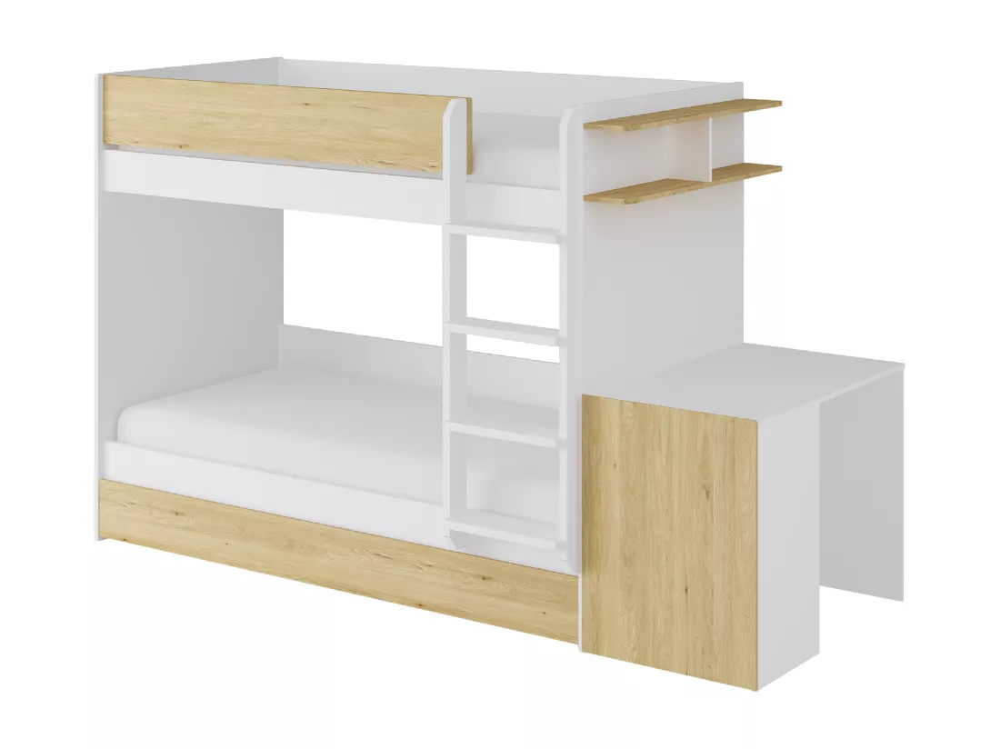 Lit superposé avec tiroir lit gigogne et 2 bureaux 3 x 90 x 190 cm - Coloris : Blanc et naturel + Matelas - DOMATI