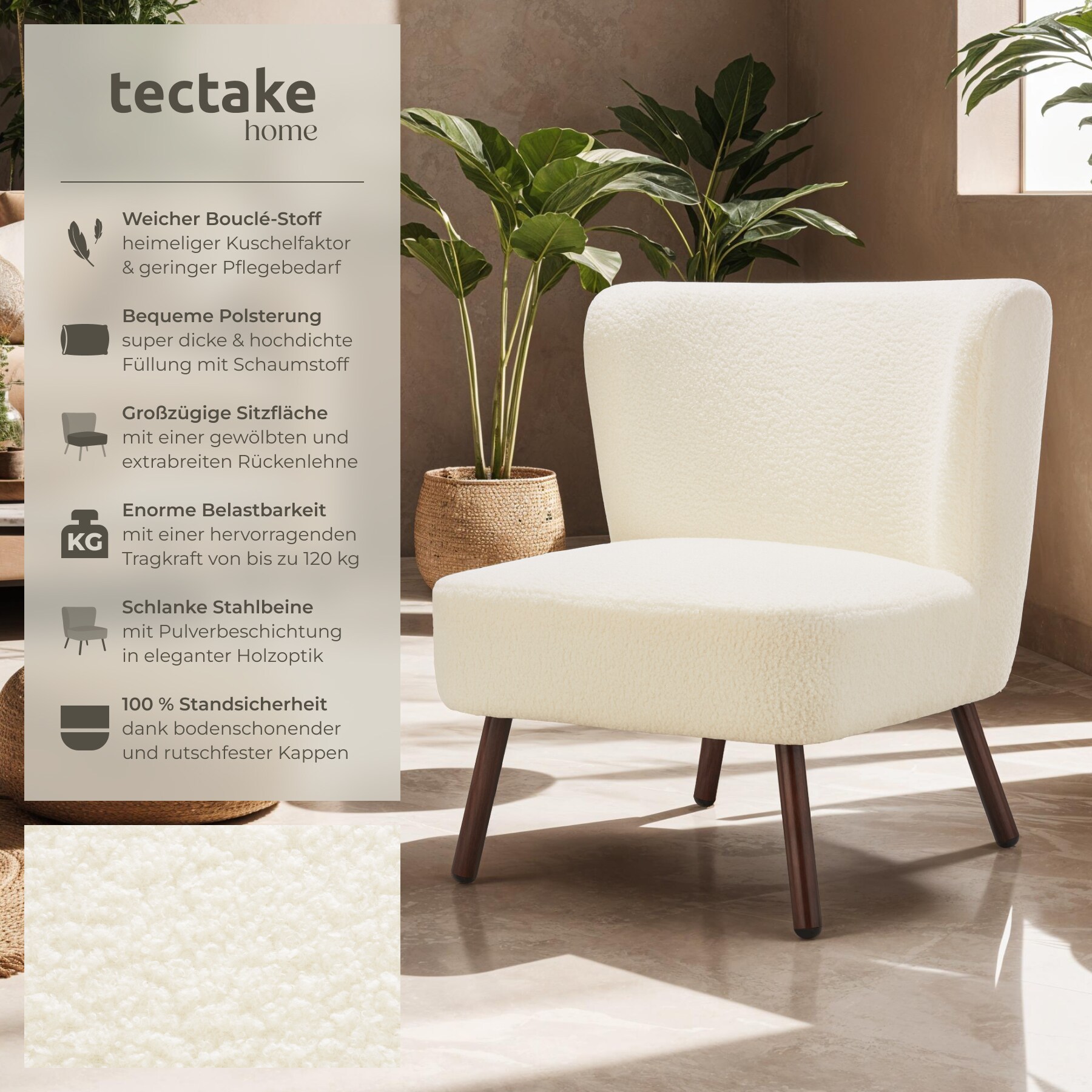 tectake® Teddy-Cocktailsessel, gepolstert, mit Bouclé-Bezug, runde Stahlbeine in Holzoptik, 62 x 73 x 74