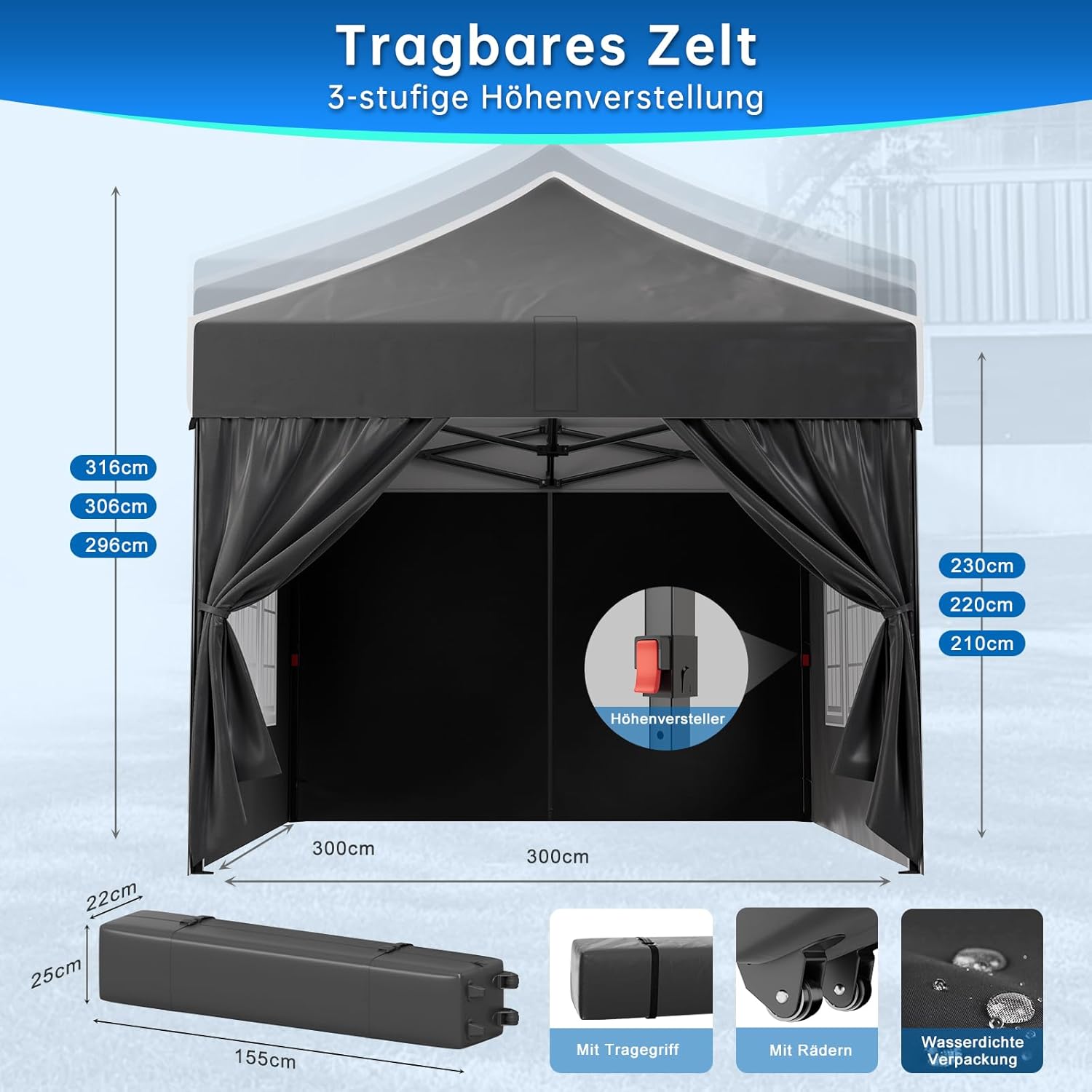 Devoko Pavillon 3x3 Wasserdicht Stabil Winterfest, Steiler Giebel, Faltpavillon mit Seitenwänden, UV Schutz 50+, Partyzelt Höhe Verstellbar, Grillpavillon für Gärten, Innenhöfe, Camping. Schwarz