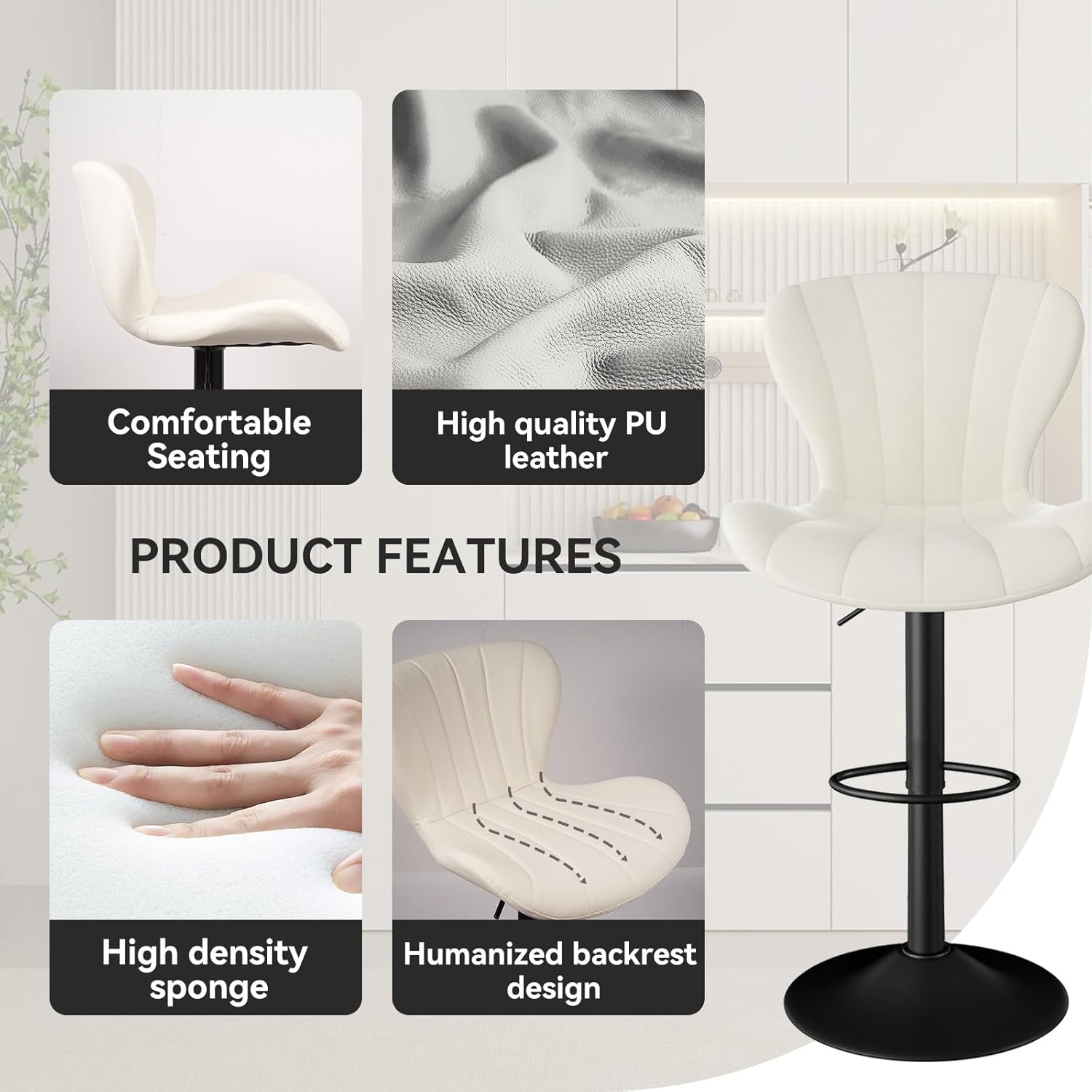Barhocker 2er Set Höhenverstellbar Barstühle 360° Drehstuhl mit Rückenlehne Küchenstühle mit Fußstütze PU-Leder für die Küche/Wohnzimmer/Bar/Esszimmer Weiß
