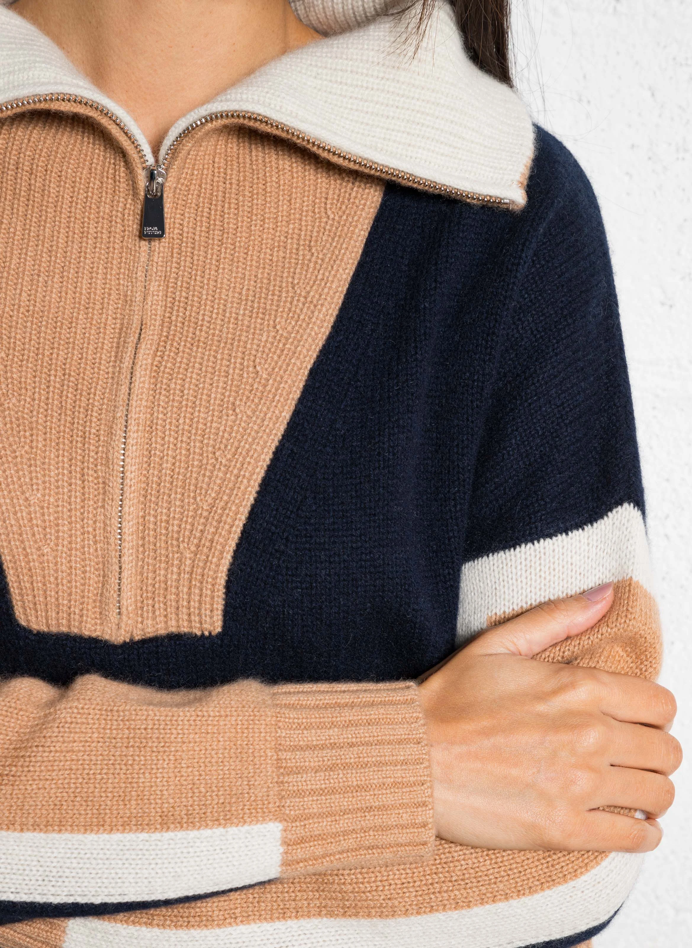 Pull tricolore en cachemire| Bleu