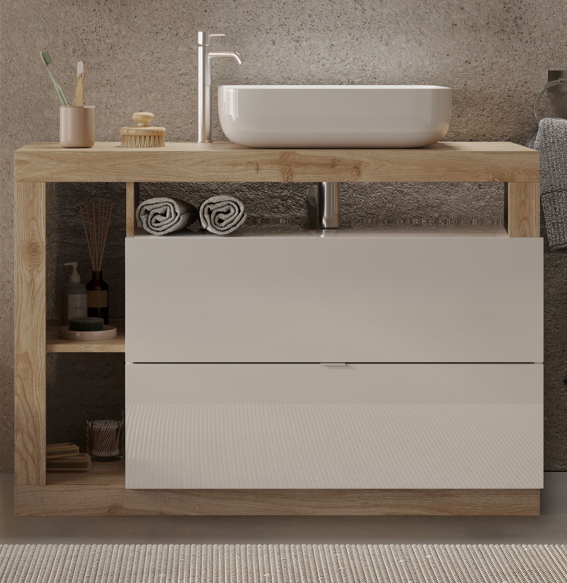 welltime Waschtisch »Hamburg« 2 Schubkästen, Breite 110 cm, Soft-Close, inkl. Keramik-Aufsatzbecken
