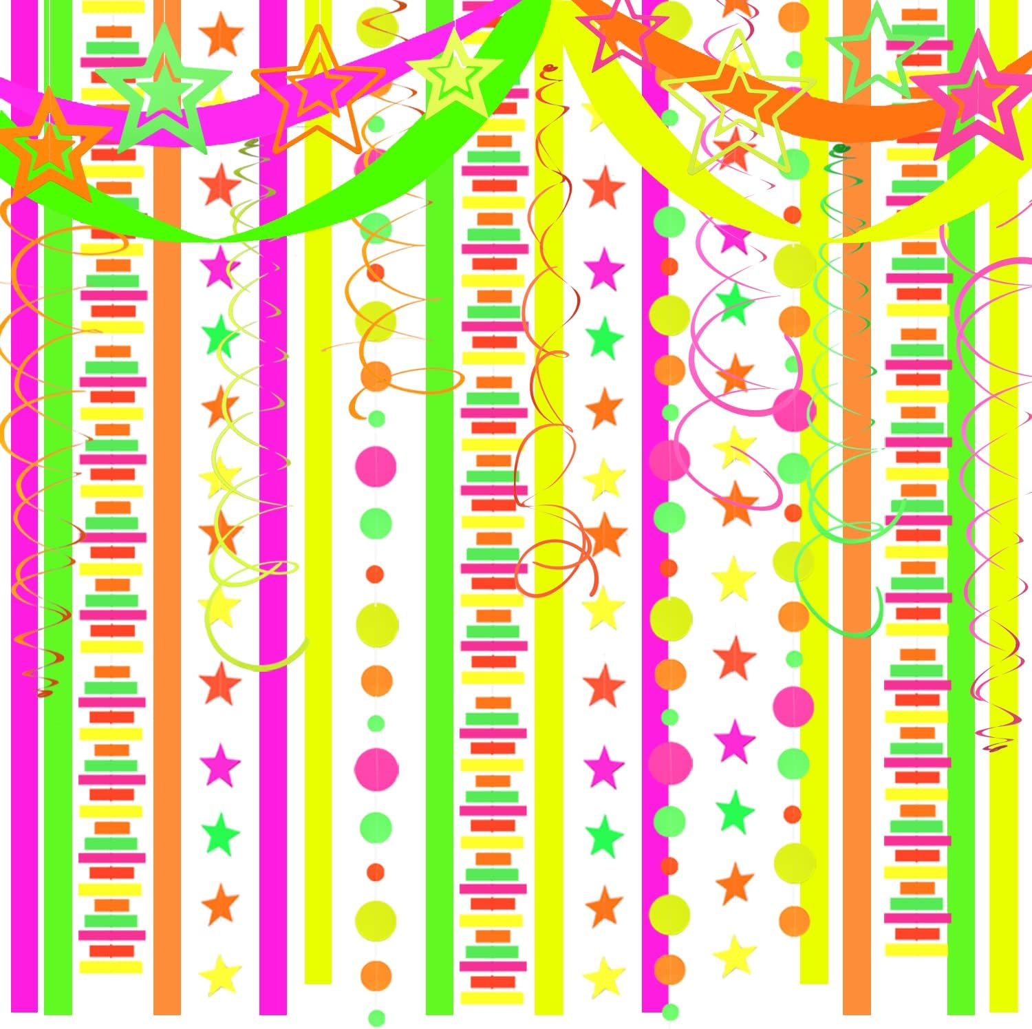 (28-tlg. Set) Neon UV Girlande Party Deko Glow in the Dark Spiral Accessoire inkl. Aufhänger / Krepp Papier - Stern / Kreis