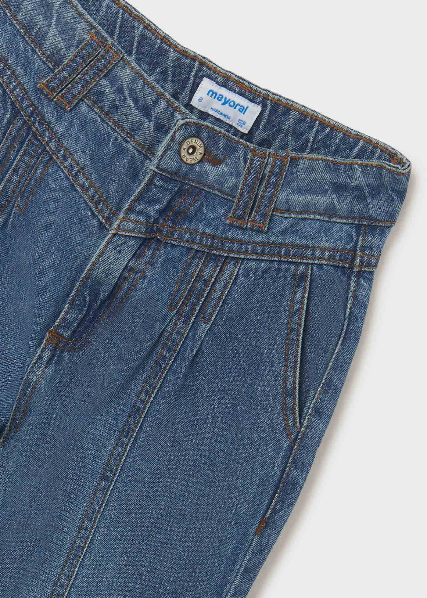 Calça jeans folgada de algodão com cintura alta para meninas