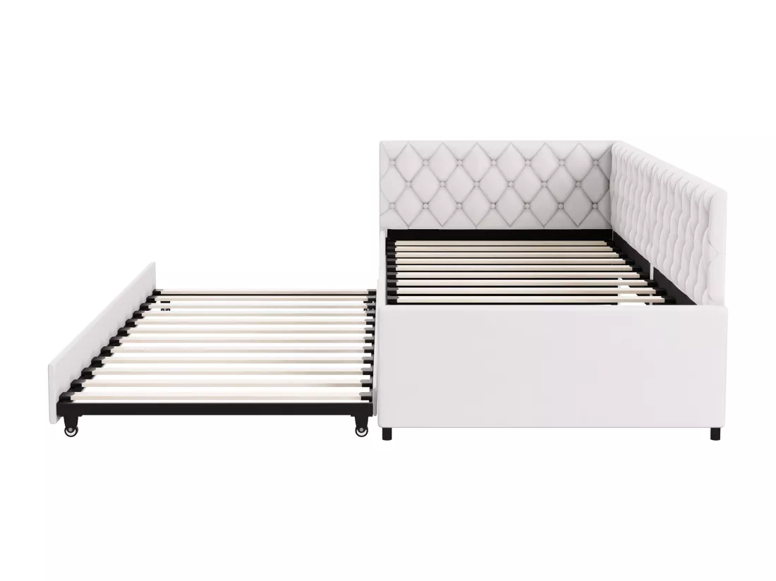 Lit gigogne 90x200cm - Canapé-lit rembourré, tissu en lin, avec sommier à lattes, sans matelas - Beige