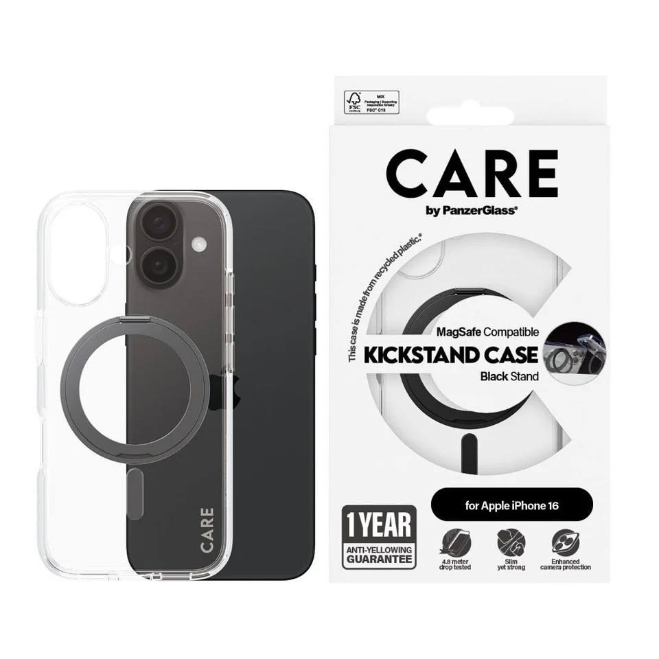 CARE by PanzerGlass - Feature Case Transparent w. Black Kickstand & MagSafe - iPhone 16