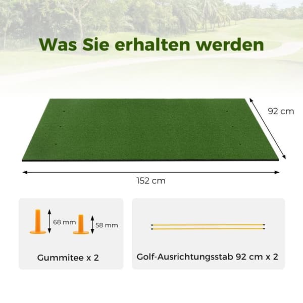 3-i-1 golf-tee-matte med kunstgress, 2 golf-tees, 2 justeringsstaker og 6 forhåndsborede tee-hull, 152 x 92 cm