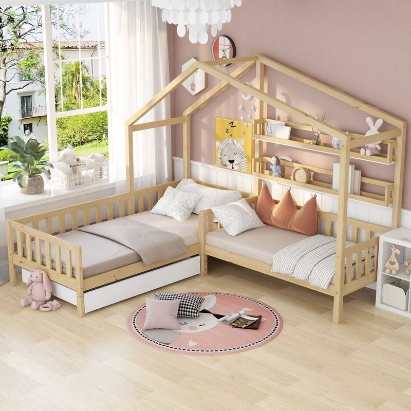 HAUSS SPOLE Kinderbedden - 90x200 + 70x140cm - L-Vormig Huisbed Met Laden - Met Lattenbodem En Opbergruimte - Vurenhout - Natuurlijk(Zonder matras)