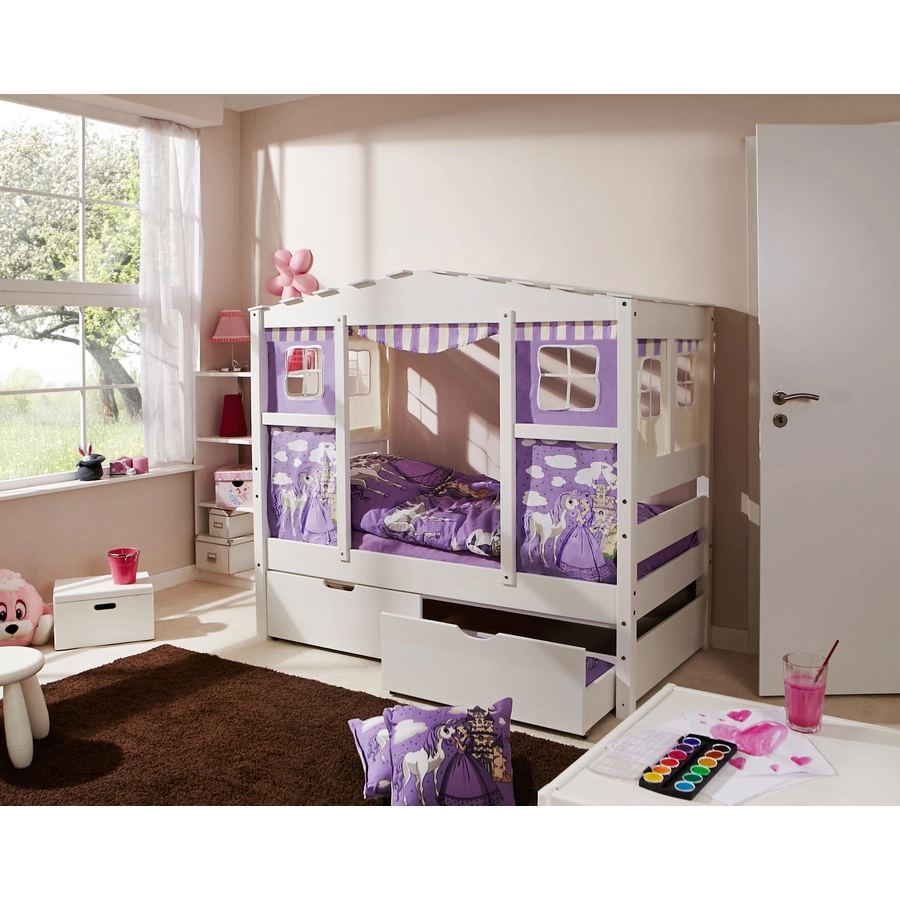 TiCAA Hausbett Mini mit 2 Schubladen Prinzessin Lila