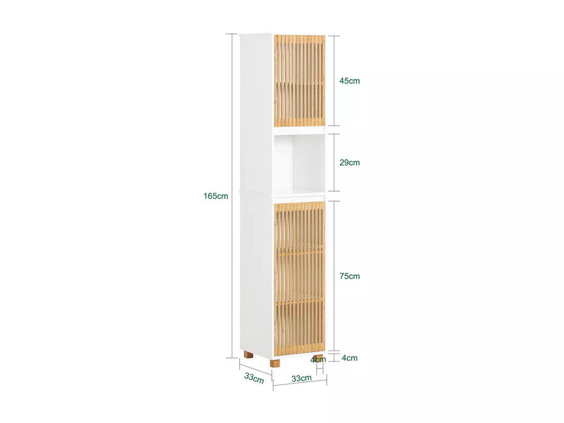 SoBuy Meuble Colonne Armoire de Salle de Bain Étagère Étroite Meuble de Rangement Salle de Bain avec 2 portes, 1 compartiment, Blanc-Naturel, 33 x 33 x 165 cm, BZR127-W