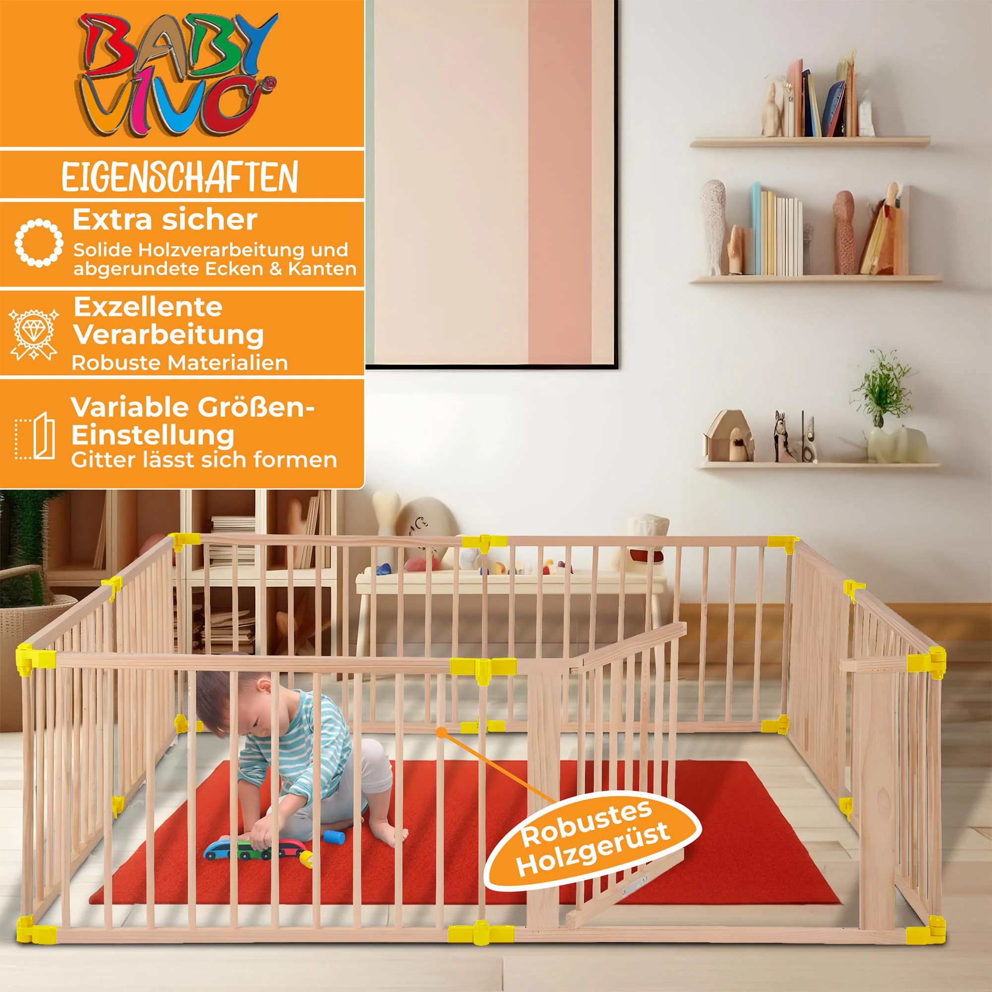 Baby Vivo Laufgitter aus Holz 8 Elemente - individuell verstellbar - PREMIUM in Gelb