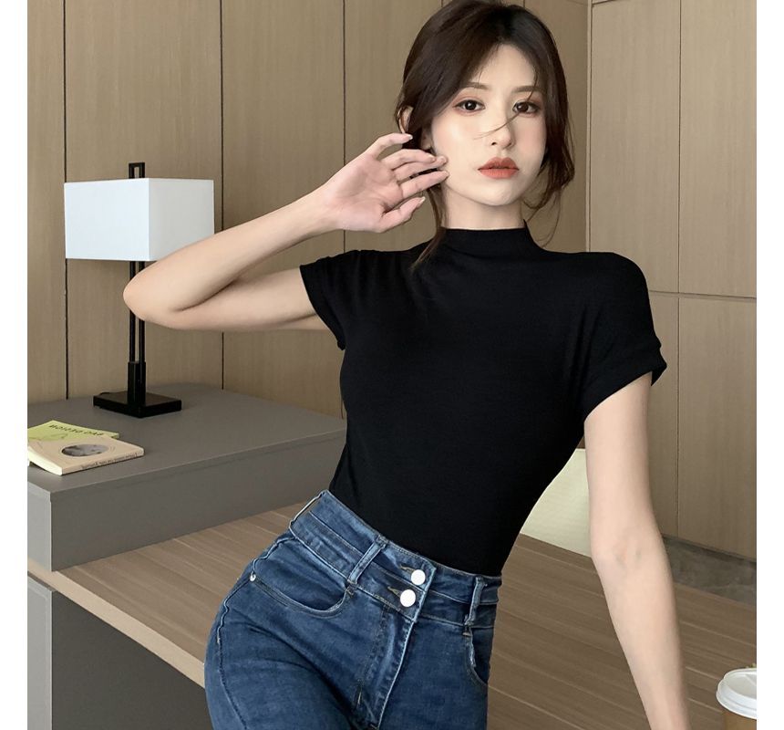 Shinsei - T-shirt met korte mouwen en mockneck, effen