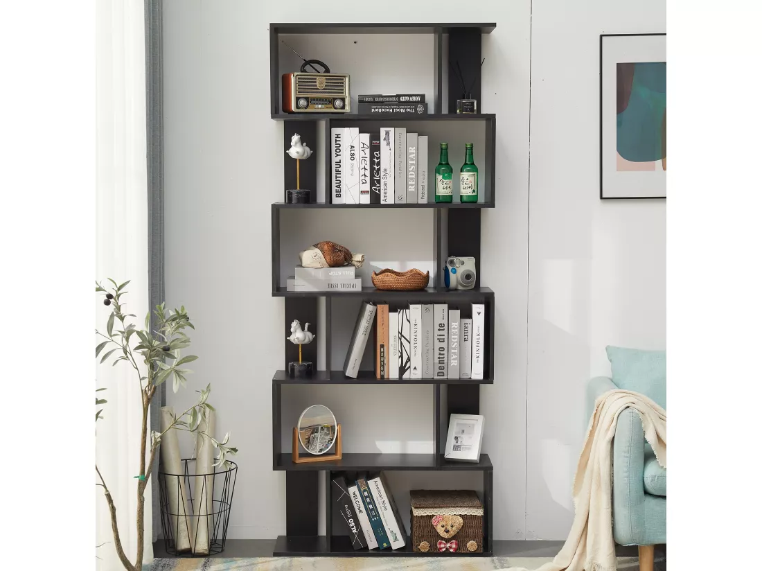 Etagère Bibliothèque Moderne Bois Noir 6 Etagères 190x60x24