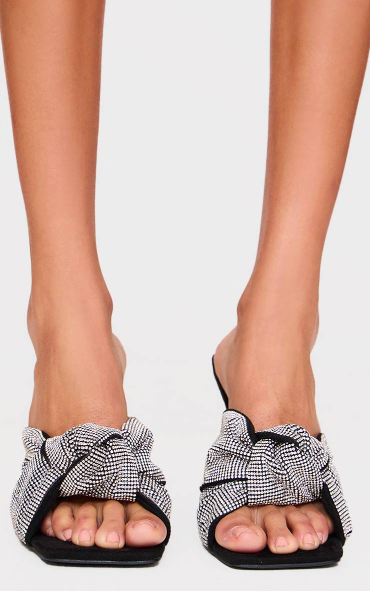 Noir Mules À Talons En Synthétiquecuir Bout Carré Avec Nœud Orné De Strass