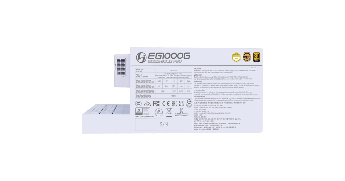 Lian LiEDGE GOLD 1000 modulaire 1000 watt voeding   (Wit, 1x 12V-2x6, 4x PCIe, 4x USB-header hub)
