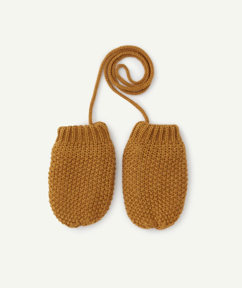 MOUFLES BÉBÉ GARÇON EN FIBRES RECYCLÉES ET TRICOT AJOURÉ MARRON