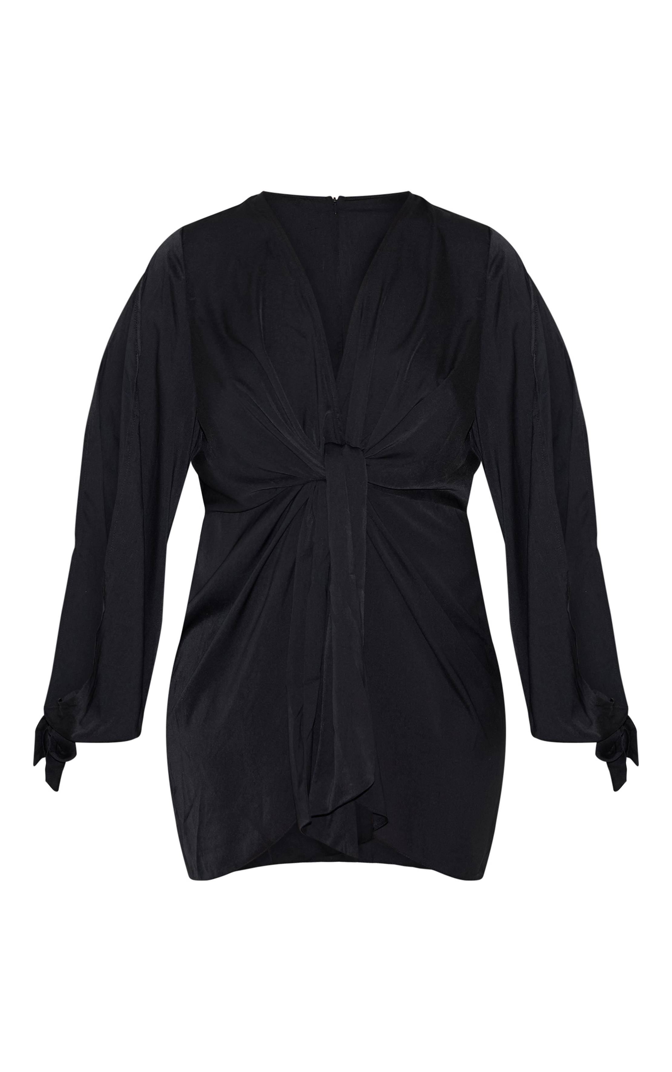 Noir Robe Portefeuille Grande Taille En Satin À Détail Torsadé Devant Et Manches Ouvertes