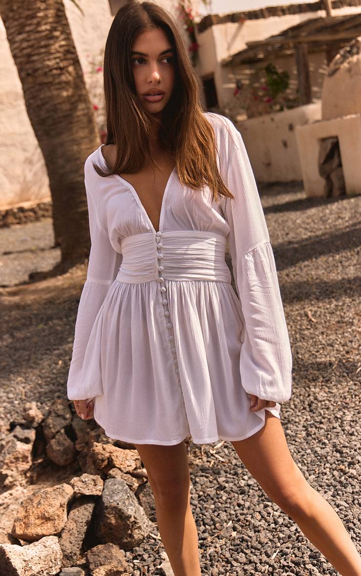 Blanc Robe Chemise Fluide En Satin Froissé Boutonnée