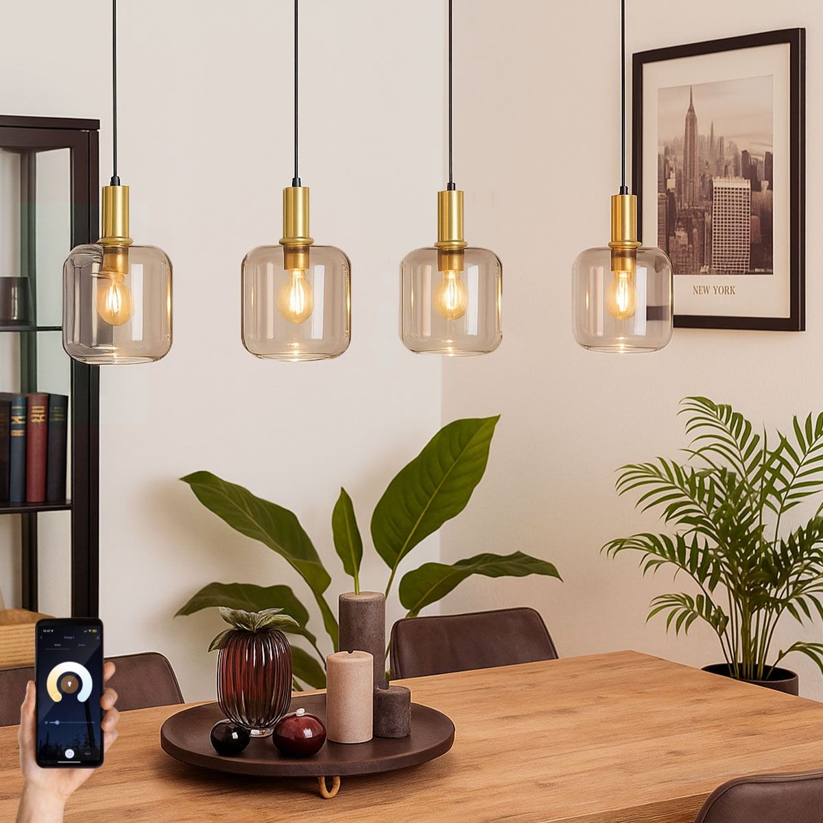 Smart hanglamp zwart met messing en amber glas 4-lichts incl. 4 Wifi G95 - Zuzanna