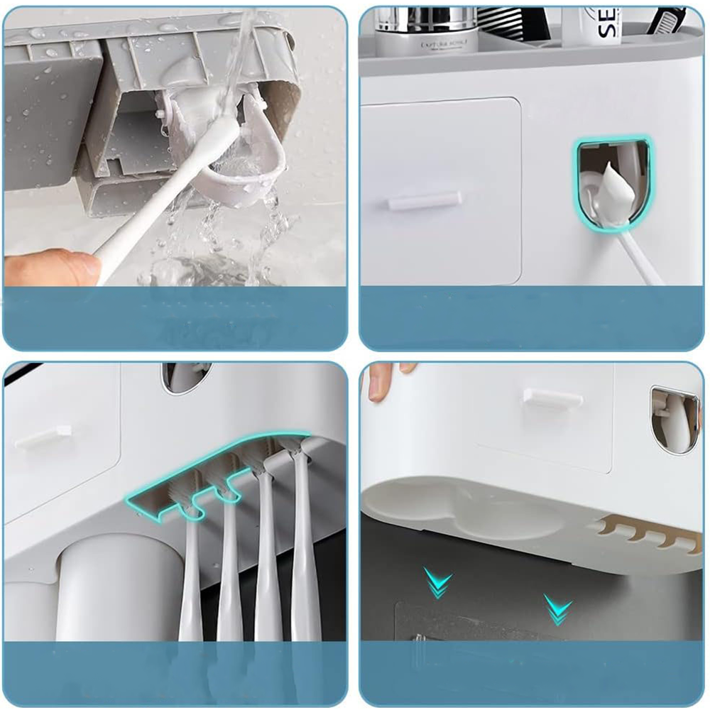 (37x10cm) 4-fach Selbstklebende Multifunktions Halterung Zahnpasta Spender Zahnbürsten Wand Organizer inkl. Becher   Schublade - Grau / Weiss