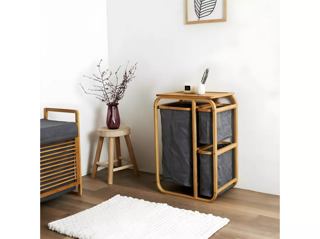 LAZEN - Rangement à 3 Panières en Bambou et Tissu Gris