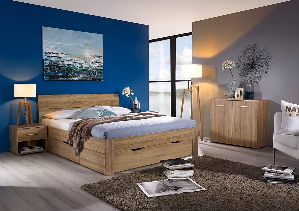 Rauch Möbel Flexx Bett Stauraumbett in Eiche Sonoma, Holz, mit 3 Schubladen als zusätzlichen Stauraum Liegefläche 180 x 200 cm Gesamtmaße Bett BxHxT 185 x 90 x 209 cm