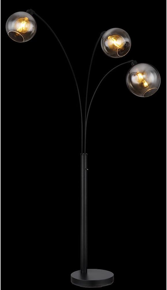 Stehlampe 3 flammig Bogenstehleuchte Rauchglas Wohnzimmerlampe Standlampe schwarz, Metall, 3x E27, LxH 105 x 200 cm