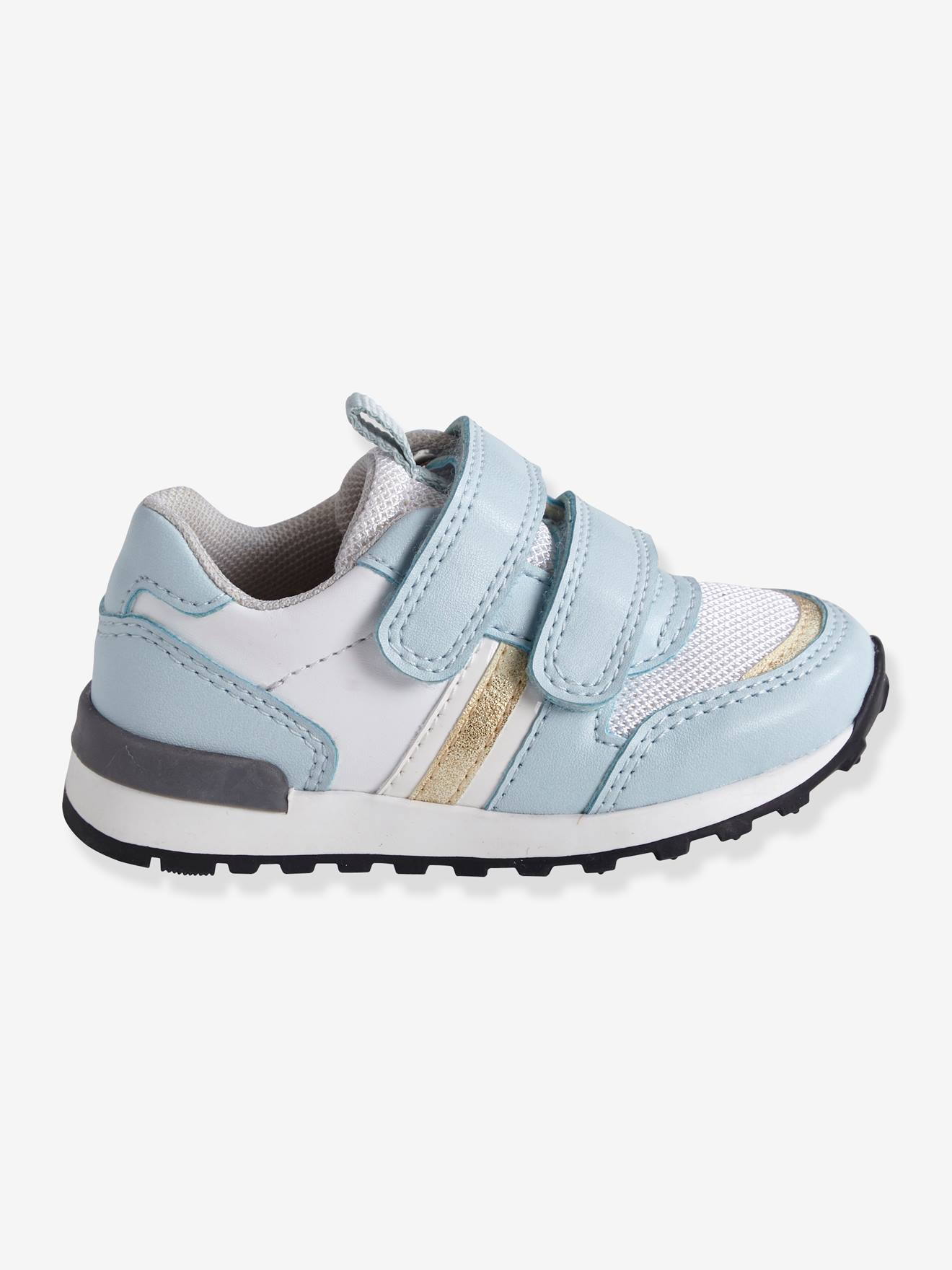 Tênis infantil feminino azul claro, modelo liso, com tiras autoadesivas e estampas.